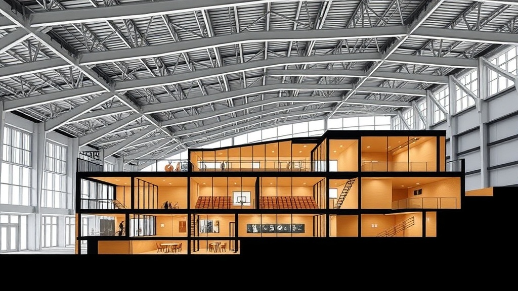 현대적인 실내 스포츠 경기장의 전체 구조를 보여주는 건축 단면도